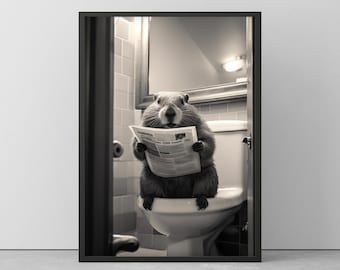 Marmot On Toilet | Funny poster for bathroom | Marmot Wallart black/white | Poster in a wooden frame | Mural Ready to hang