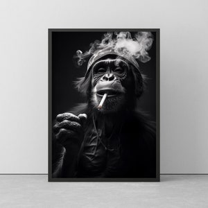 LUSTIGER AFFE raucht JOINT  - Einzigartiges Wandbild in Schwarz/Weiß - Tier Poster gerahmt - Geschenk oder Dekoration - Funny Monkey Poster