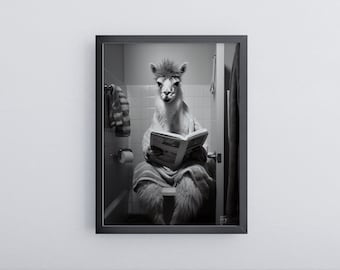 Llama on toilet | Funny bathroom poster | Llama wall art black/white | Poster in wooden frame | Ready to hang mural
