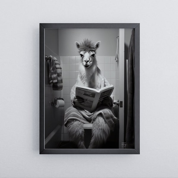 Llama on toilet | Funny bathroom poster | Llama wall art black/white | Poster in wooden frame | Ready to hang mural