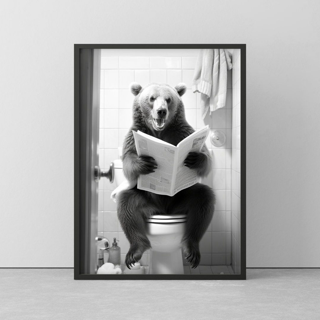 Bear on Toilet Funny Poster for Bathroom Bear Wallart Etsy