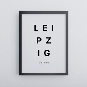 Leipzig poster with coordinates | Minimalist in black and white | High quality mural | Poster in wooden frame | Decoration ready to hang