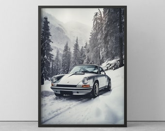 POSTER of PORSCHE 911 in WINTER - Mural of Porsche in the snow - Porsche drawing wall art - poster with wooden frame - 20 cm to 100 cm