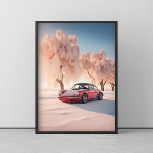 POSTER of PORSCHE 911 in WINTER - Mural of Porsche in the snow - Porsche drawing wall art - poster with wooden frame - 20 cm to 100 cm