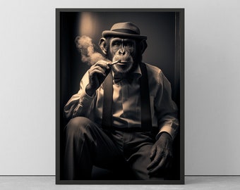 GANGSTER MONKEY SMOKES - Unique Wall Picture in Black/White - Animal Poster Framed - Gift or Decoration - Funny Monkey Poster