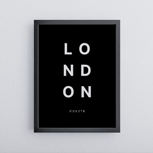 London poster with coordinates | Minimalist in black and white | High quality mural | Poster in wooden frame | Decoration ready to hang