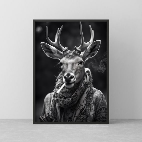 DEER SMOKING CIGARETTE - Unique Wall Picture in Black/white - Animal Poster  Framed - Gift or Decoration - Funny Deer Animal Poster