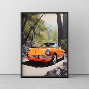 POSTER of PORSCHE 911 - mural of orange Porsche - Porsche drawing wall art - poster with wooden frame - 20 cm to 100 cm
