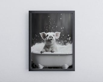 pig in bathtub | Funny bathroom poster | Funny Animales Wall Art black/white | Poster in wooden frame | Ready to hang mural