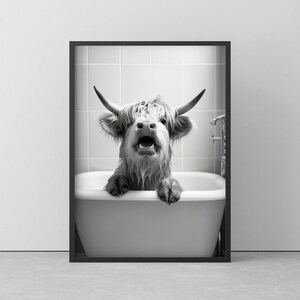 Cow in bathtub | Funny poster for bathroom | Cow Wallart black/white | Funny poster in wooden frame | Very high quality