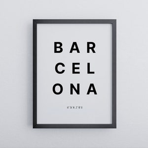 Barcelona poster with coordinates | Minimalist in black and white | High quality mural | Poster in wooden frame | Decoration ready to hang