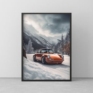 POSTER of PORSCHE 911 in WINTER - Mural of Porsche in the snow - Porsche drawing wall art - poster with wooden frame - 20 cm to 100 cm