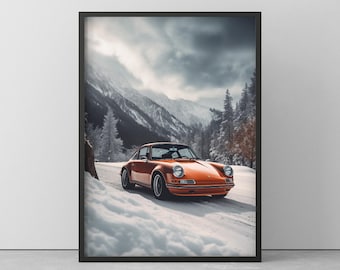 POSTER de PORSCHE 911 en INVIERNO - Mural de Porsche en la nieve - Arte mural dibujo Porsche - cartel con marco de madera - 20 cm a 100 cm