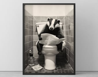 Badger On Toilet | Funny poster for bathroom | Badger Wallart black/white | Poster in a wooden frame | Mural Ready to hang