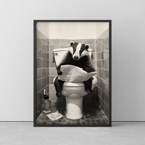 Dachs Auf Toilette | Lustiges Poster für Badezimmer | Badger Wallart schwarz/weiß | Poster im Holzrahmen | Wandbild Ready to hang