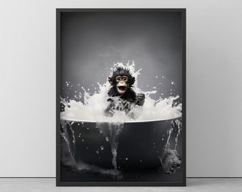 Quadro Su Tela Con Scimmia Nella Vasca Da Bagno - Arte Murale In Bianco E Nero Con Cornice - Decorazione Divertente Per Bagno, 20x25 Cm - 2