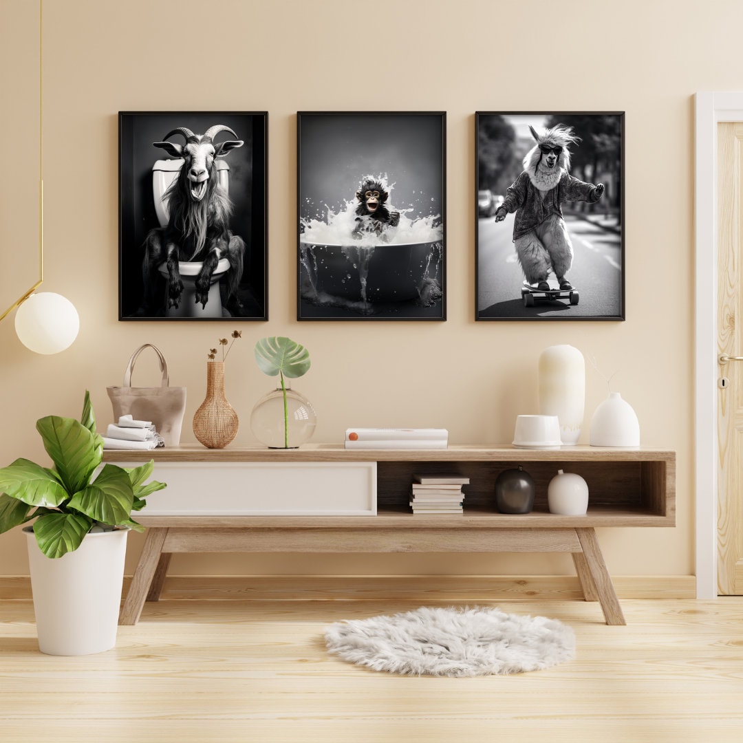 Tela Arte Deco 40x80 Cm Arte Da Parete Su Tela Con Motivo Scimmia In Vasca – Decorazione Da Parete In Bianco E Nero – Quadro Da Parete Con Cornice Nera Per La