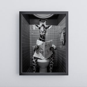 giraffe on toilet | Funny bathroom poster | Giraffe Wall Art black/white | Poster in wooden frame | Ready to hang mural