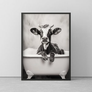 Cow in bathtub | Funny poster for bathroom | Cow Wallart black/white | Funny poster in wooden frame | Very high quality
