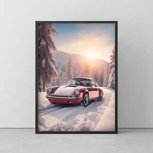 POSTER of PORSCHE 911 in WINTER - Mural of Porsche in the snow - Porsche drawing wall art - poster with wooden frame - 20 cm to 100 cm