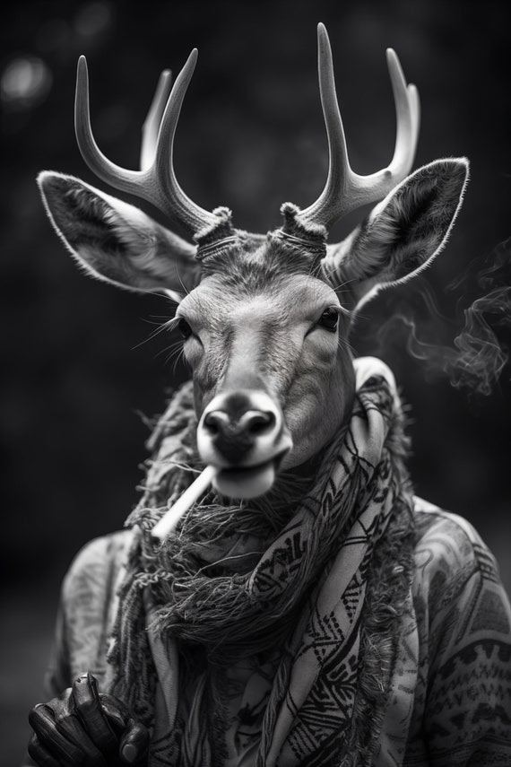 DEER SMOKING CIGARETTE - Unique Wall Picture in Black/white - Animal Poster  Framed - Gift or Decoration - Funny Deer Animal Poster