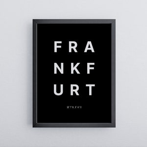 Frankfurt poster with coordinates | Minimalist in black and white | High quality mural | Poster in wooden frame | Decoration ready to hang