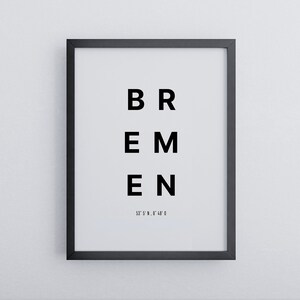 Bremen poster with coordinates | Minimalist in black and white | High quality mural | Poster in wooden frame | Decoration ready to hang