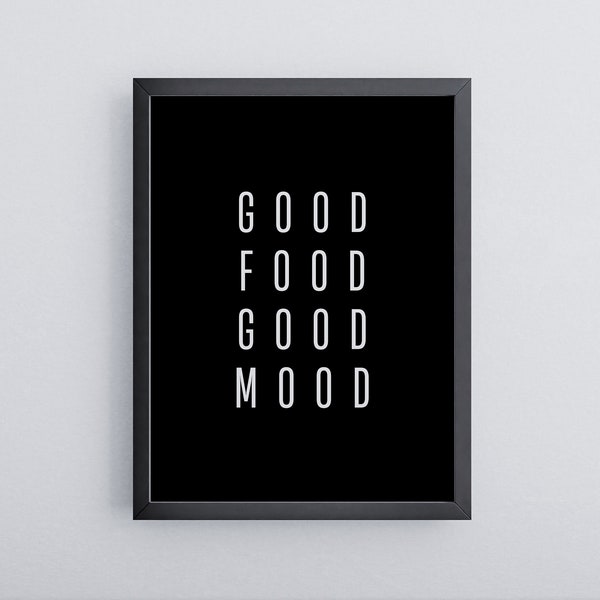 Poster mit Spruch | "Good Food, Good Mood" | Premium Wandbild für Küche | Schwarzes Poster im Holzrahmen | Ready to hang