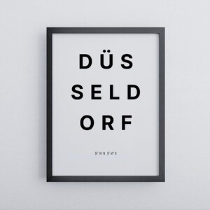 Dusseldorf poster with coordinates | Minimalist in black and white | High quality mural | Poster in wooden frame | Decoration ready to hang