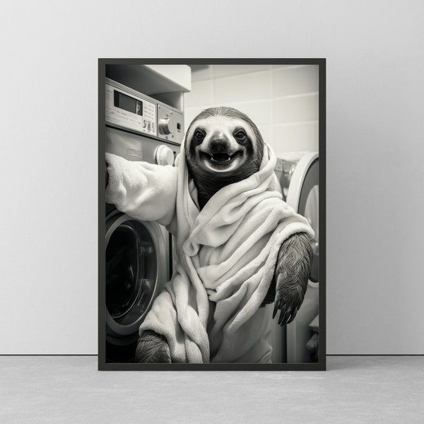LUSTIGES FAULTIER POSTER - im Waschraum - Einzigartiges Wandbild in Schwarz/Weiß - Tier Poster gerahmt - Geschenk oder Dekoration