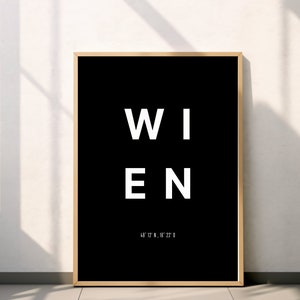 Vienna poster with coordinates | Minimalist in black and white | High quality mural | Poster in wooden frame | Decoration ready to hang