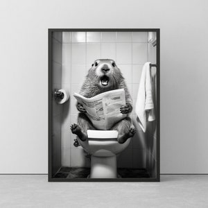 Marmota en el baño | Cartel divertido para el baño | Marmota Wallart negro/blanco | Póster en marco de madera | Mural listo para colgar.