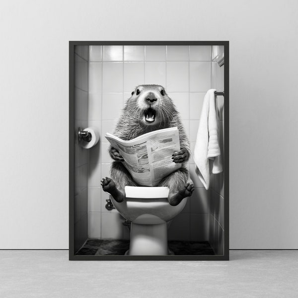 Murmeltier Auf Toilette | Lustiges Poster für Badezimmer | Marmot Wallart schwarz/weiß | Poster im Holzrahmen | Wandbild Ready to hang