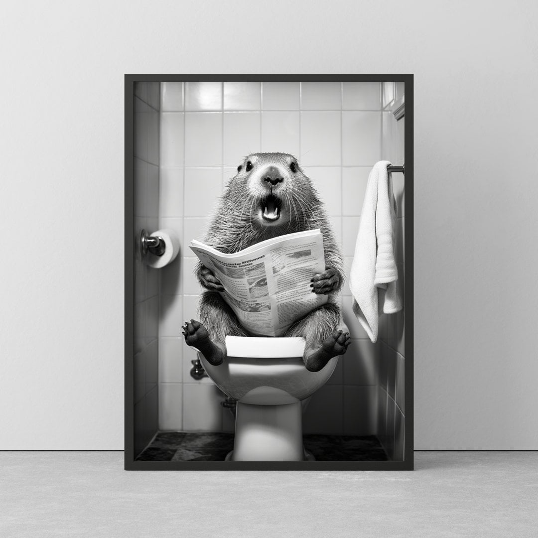 Marmot On Toilet | Funny poster for bathroom | Marmot Wallart black/white | Poster in a wooden frame | Mural Ready to hang