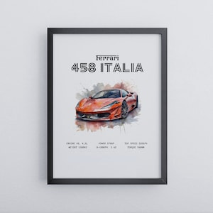 Ferrari 458 Italia Poster | Supercar Poster in Premium Quality| Wall art various sizes 20-100 cm | Ready to hang | Gift