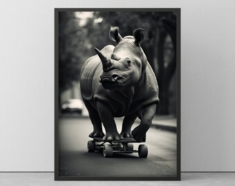 PLAKAT RHINO na DESKOROLCE - Zabawny obraz ścienny w kolorze czarno-białym - Plakat ze zwierzętami w ramce - Prezent lub dekoracja