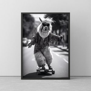 POSTER of ALPACA on SKATEBOARD - Cool and funny mural in black/white - animal poster framed - gift or decoration