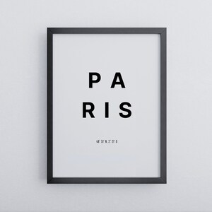 Paris poster with coordinates | Minimalist in black and white | High quality mural | Poster in wooden frame | Decoration ready to hang