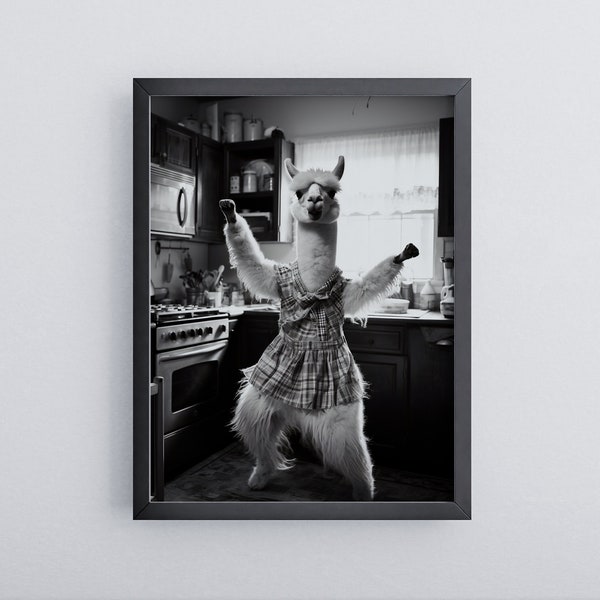 Llama dances in the kitchen | Funny poster for kitchen | Alpaca Wallart black/white | Poster in wooden frame | Ready to hang mural
