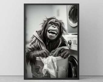 FUNNY MONKEY POSTER in Laundry Room - Unique Wall Art in Black/White - Animal Poster Framed - Gift or Decoration