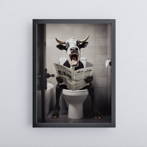 Funny cow on toilet | Funny bathroom poster | Cow Wall Art black/white | Poster in wooden frame | Ready to hang mural