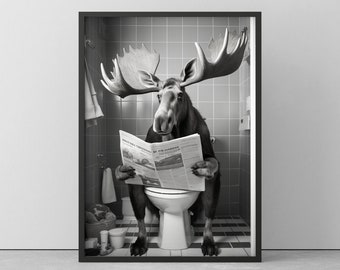 Moose On Toilet | Funny poster for bathroom | Moose Wallart black/white | Poster in a wooden frame | Mural Ready to hang