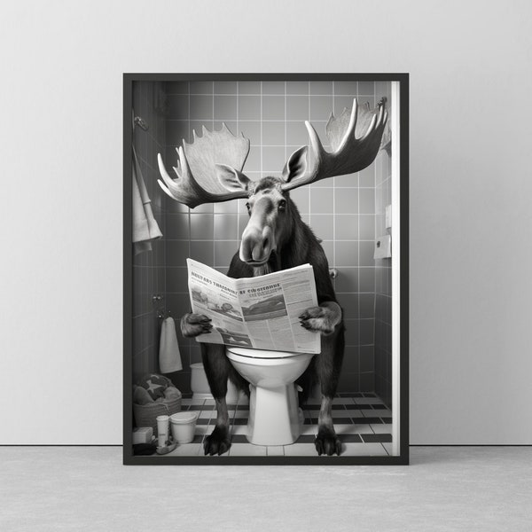 Elch Auf Toilette | Lustiges Poster für Badezimmer | Moose Wallart schwarz/weiß | Poster im Holzrahmen | Wandbild Ready to hang