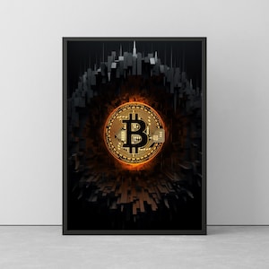 Modern BITCOIN Art - CRYPTO Poster - Minimalistic Wallart - Dunkles Wandbild von Bitcoin - Poster im Holzrahmen - Luxus Poster - Crypto Art