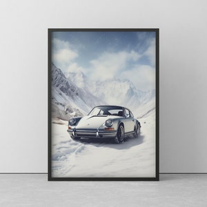 POSTER of PORSCHE 911 in WINTER - Mural of Porsche in the snow - Porsche drawing wall art - poster with wooden frame - 20 cm to 100 cm