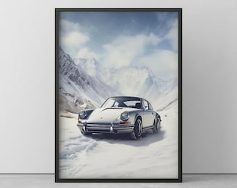 POSTER of PORSCHE 911 in WINTER - Mural of Porsche in the snow - Porsche drawing wall art - poster with wooden frame - 20 cm to 100 cm