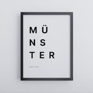 Münster poster with coordinates | Minimalist in black and white | High quality mural | Poster in wooden frame | Decoration ready to hang