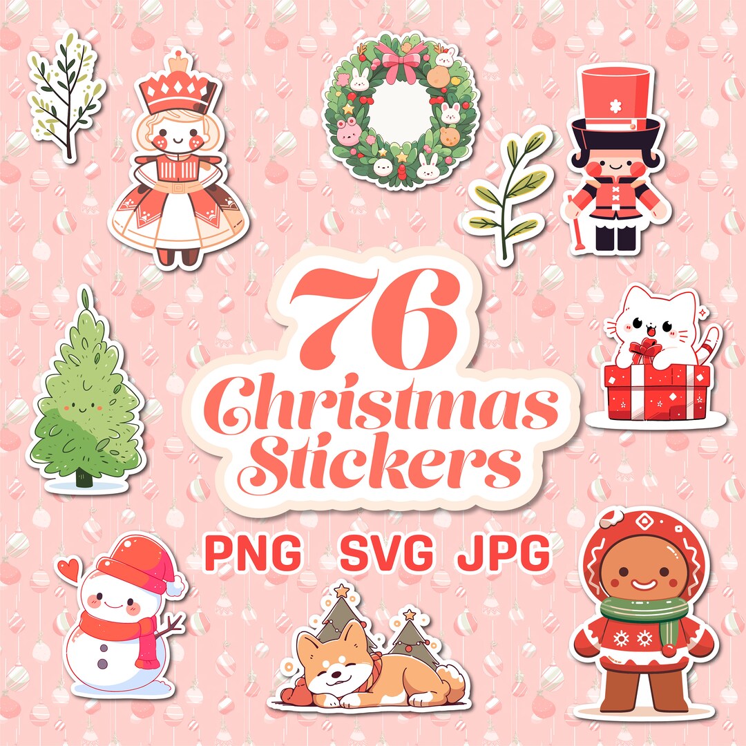 Cute Kawaii Christmas Stickers Bundle Clipart , SVG, PNG, JPG, Vector