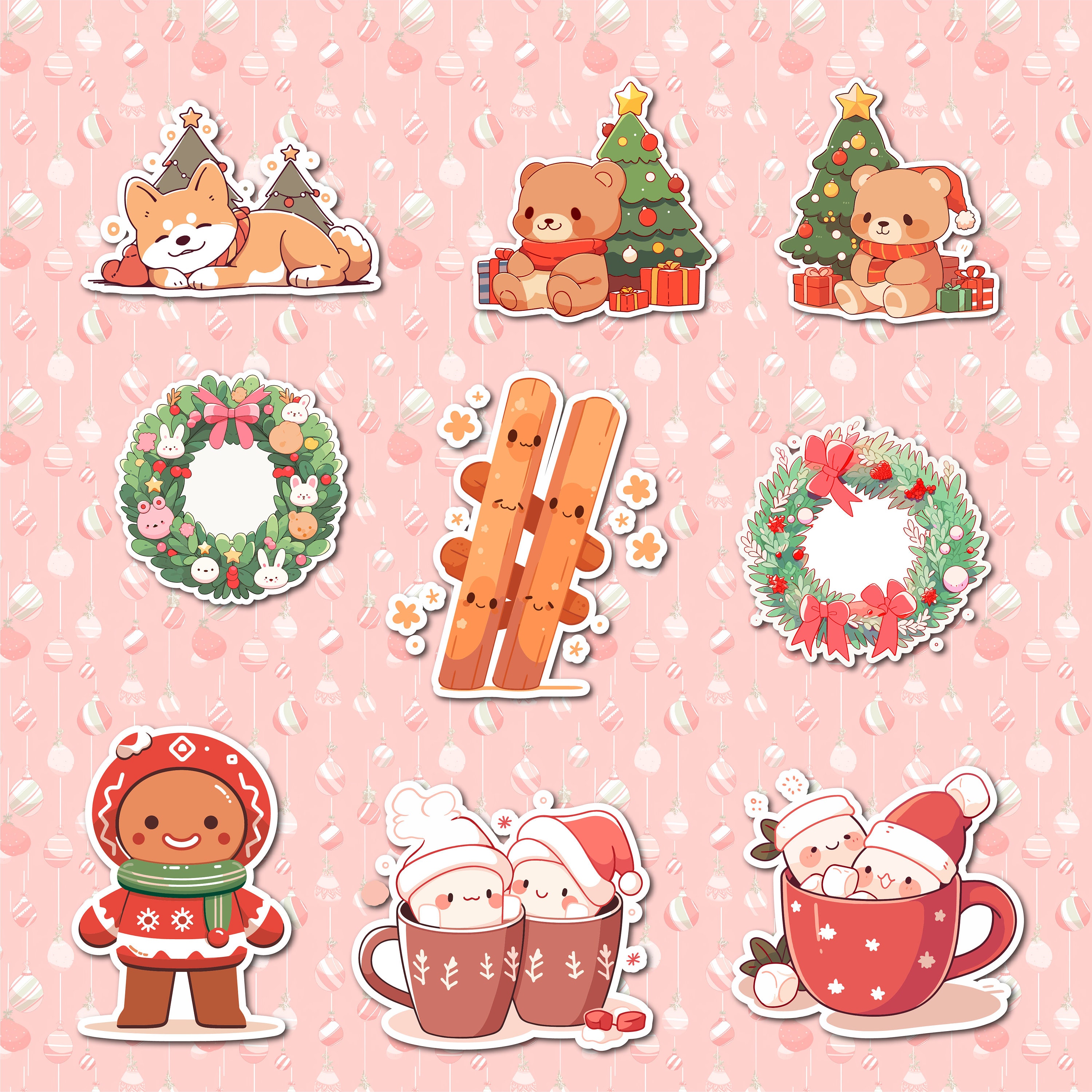 Cute Kawaii Christmas Stickers Bundle Clipart , SVG, PNG, JPG, Vector