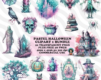 Pastel Halloween Clipart Collection 1 | 20 PNG Pastelloween Watercolor Design Bundle | Spooky Pastel Goth Illustration | Commercial Use